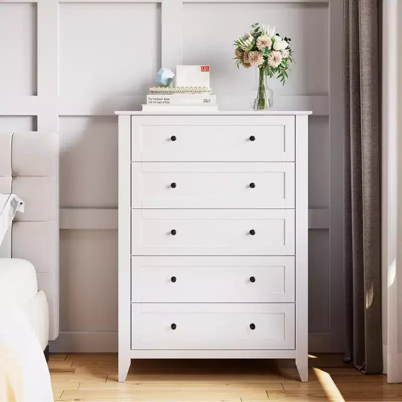 Cómoda alta de 5 cajones profundos con pomos metálicos, cómoda moderna de madera para dormitorio, recibidor y pasillo