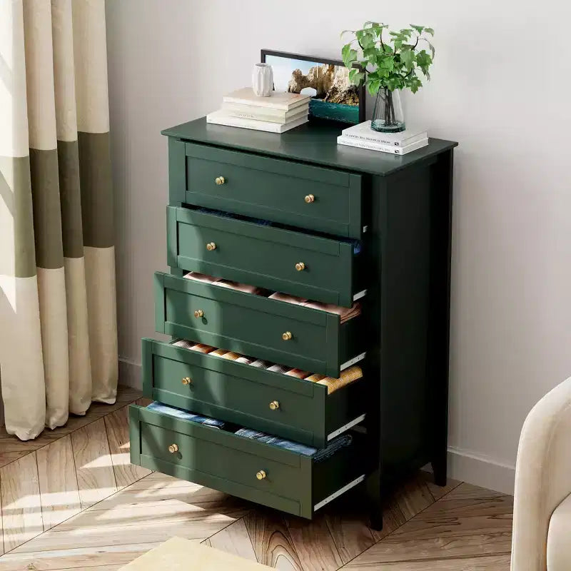 Cómoda alta de 5 cajones profundos con pomos metálicos, cómoda moderna de madera para dormitorio, recibidor y pasillo