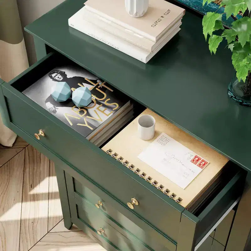 Cómoda alta de 5 cajones profundos con pomos metálicos, cómoda moderna de madera para dormitorio, recibidor y pasillo