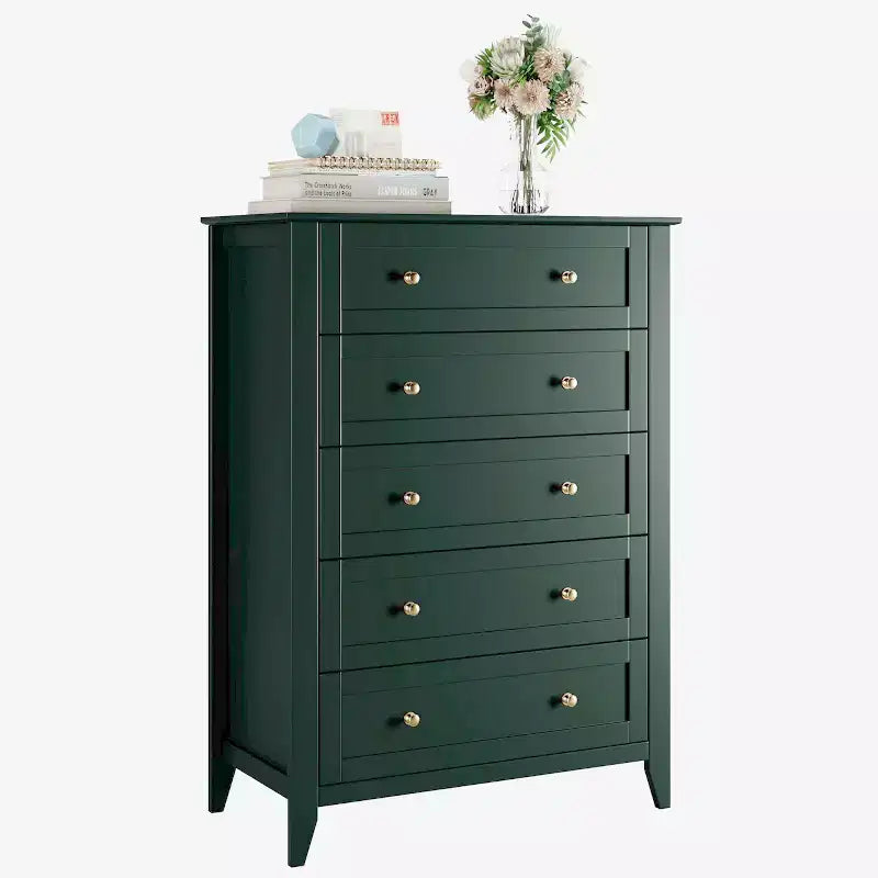 Cómoda alta de 5 cajones profundos con pomos metálicos, cómoda moderna de madera para dormitorio, recibidor y pasillo