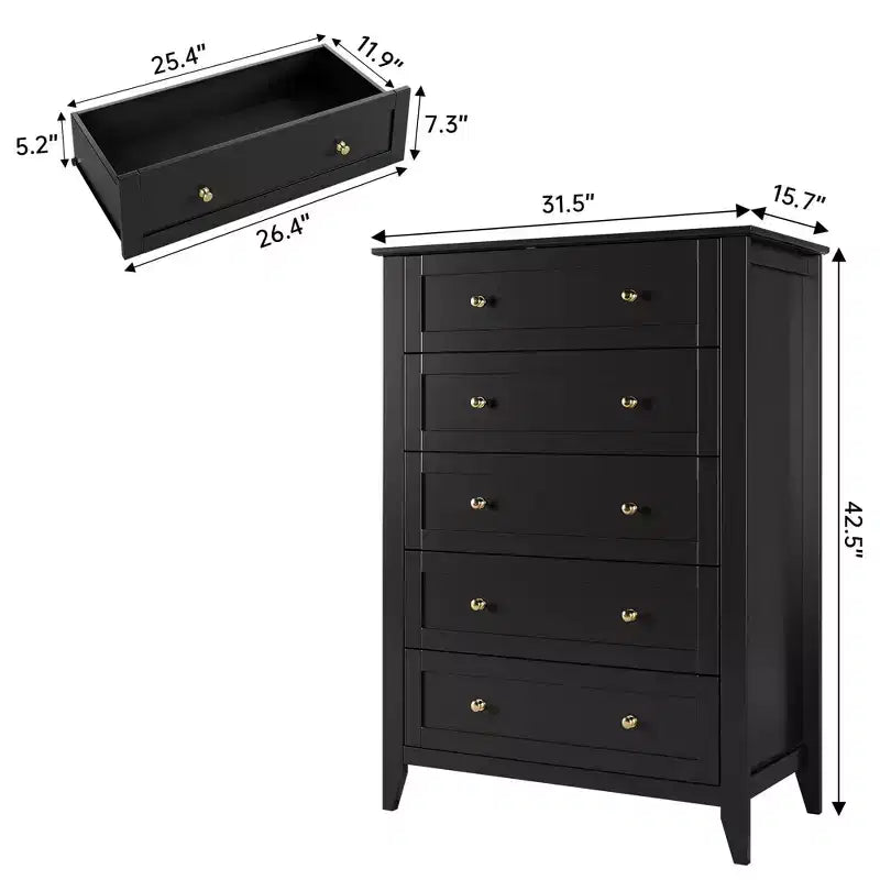 Cómoda alta de 5 cajones profundos con pomos metálicos, cómoda moderna de madera para dormitorio, recibidor y pasillo