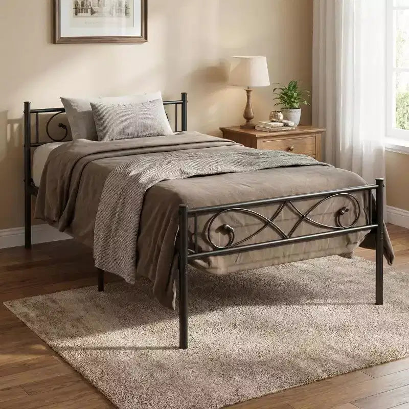 Estructura de cama plataforma metálica individual con cabecero y piecero de diseño artístico de puño, estructura de acero negra con almacenamiento debajo de la cama, no requiere somier