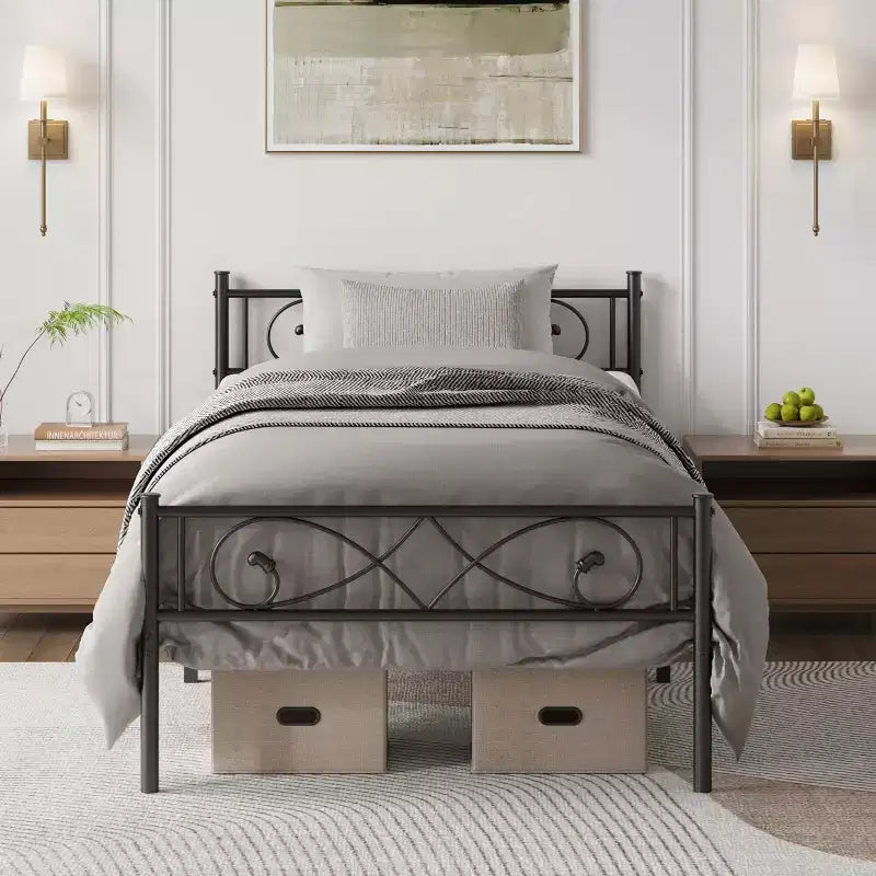 Estructura de cama plataforma metálica individual con cabecero y piecero de diseño artístico de puño, estructura de acero negra con almacenamiento debajo de la cama, no requiere somier