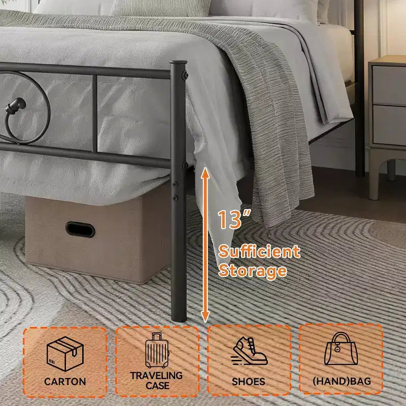 Estructura de cama plataforma metálica individual con cabecero y piecero de diseño artístico de puño, estructura de acero negra con almacenamiento debajo de la cama, no requiere somier