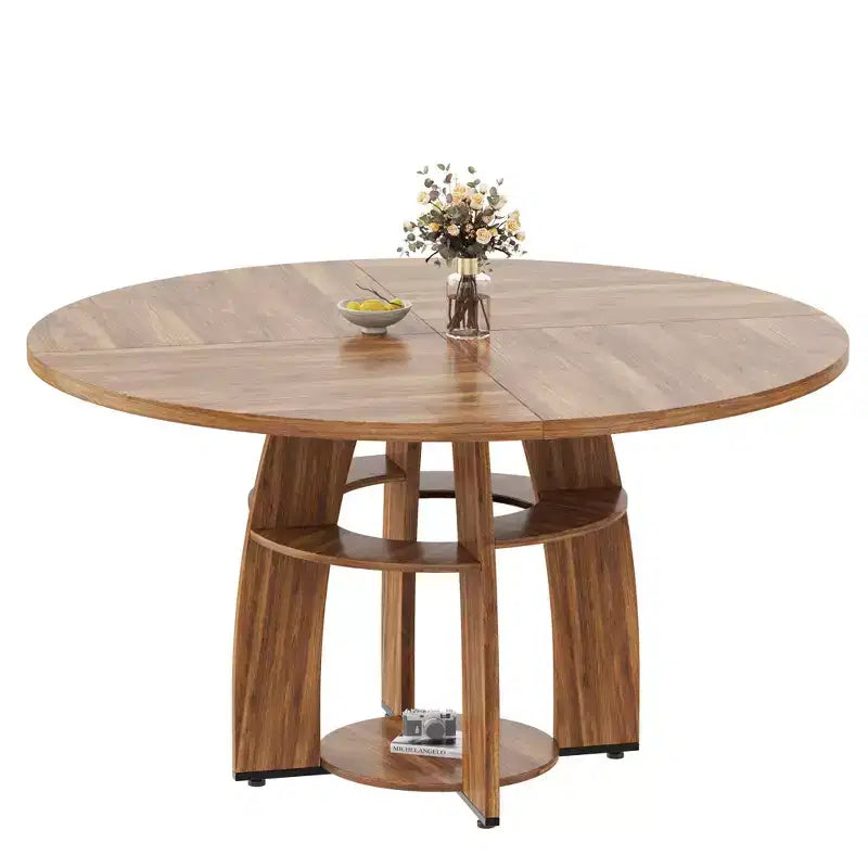Table à manger ronde de 47 pour 4 à 6 personnes, table moderne en bois avec étagère de rangement et pieds réglables, pour salle à manger, salon, appartement