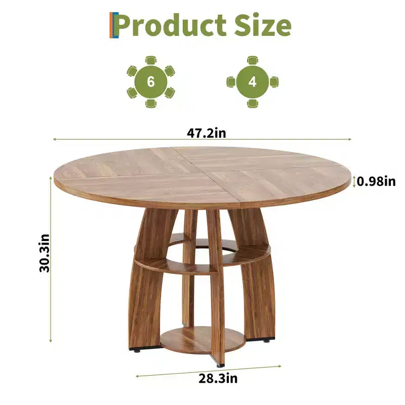 Table à manger ronde de 47 pour 4 à 6 personnes, table moderne en bois avec étagère de rangement et pieds réglables, pour salle à manger, salon, appartement