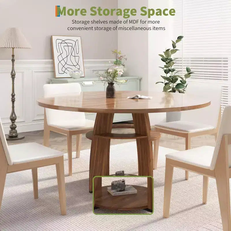Table à manger ronde de 47 pour 4 à 6 personnes, table moderne en bois avec étagère de rangement et pieds réglables, pour salle à manger, salon, appartement
