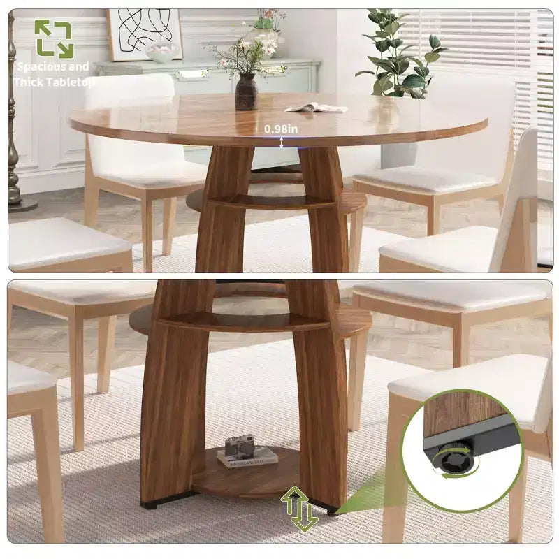 Table à manger ronde de 47 pour 4 à 6 personnes, table moderne en bois avec étagère de rangement et pieds réglables, pour salle à manger, salon, appartement