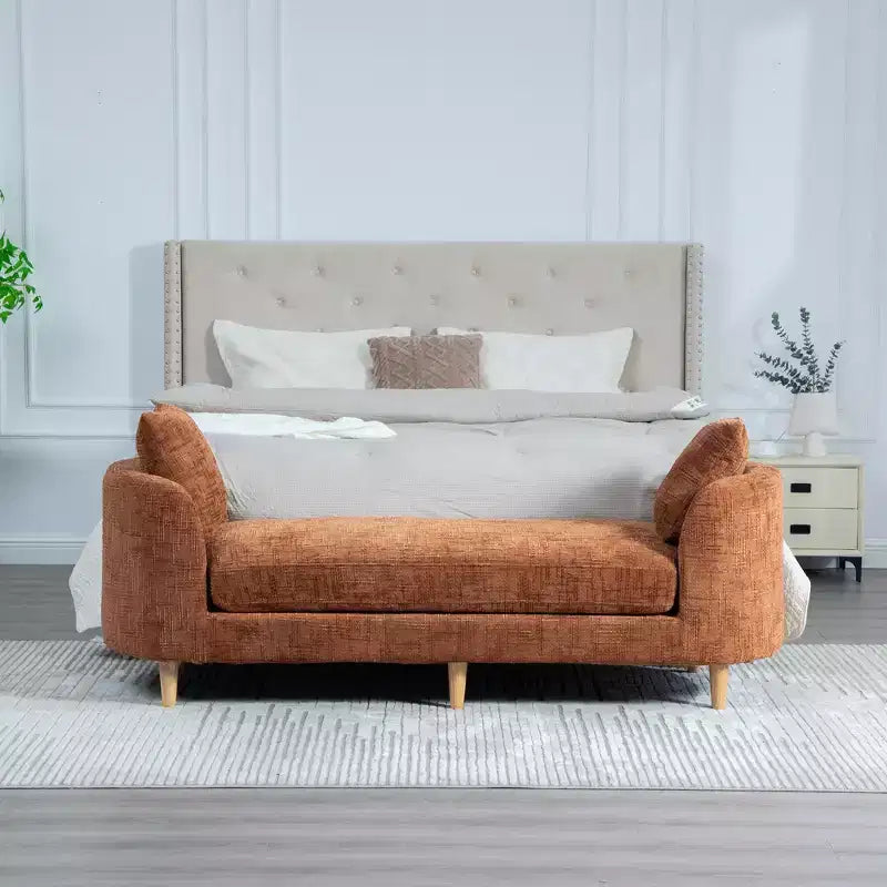 77 Chenille Upholstered Rubberwood Chaise Lounge with 2 Bolster Pillows