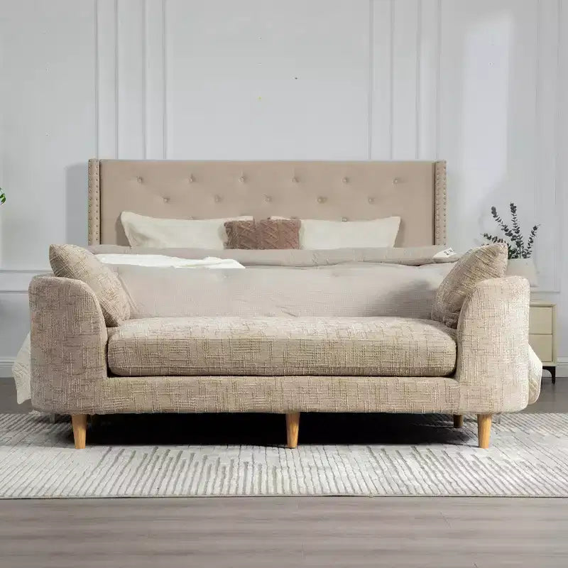 77 Chenille Upholstered Rubberwood Chaise Lounge with 2 Bolster Pillows