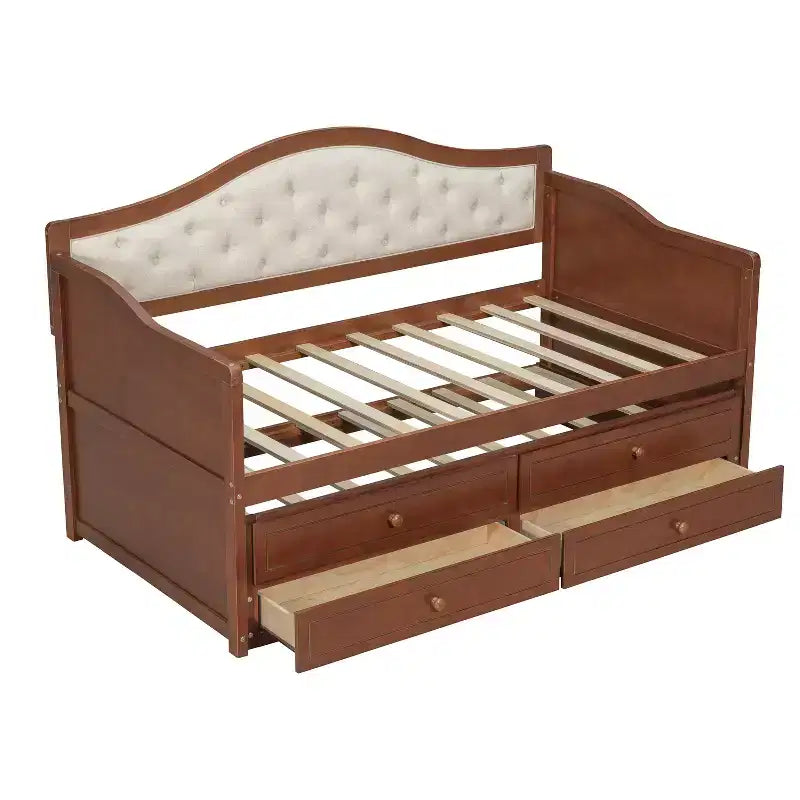 Einzel-Tagesbett mit Ausziehbett und 2 Schubladen, Schlafsofa aus Holz mit gepolsterter, gesteppter Rückenlehne, Walnuss