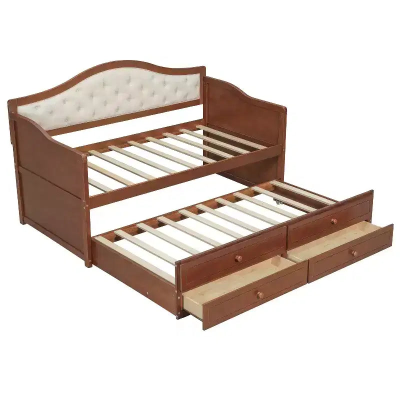 Einzel-Tagesbett mit Ausziehbett und 2 Schubladen, Schlafsofa aus Holz mit gepolsterter, gesteppter Rückenlehne, Walnuss