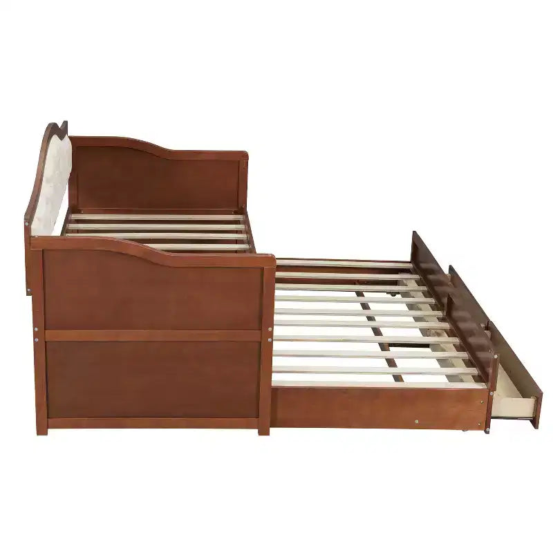 Einzel-Tagesbett mit Ausziehbett und 2 Schubladen, Schlafsofa aus Holz mit gepolsterter, gesteppter Rückenlehne, Walnuss