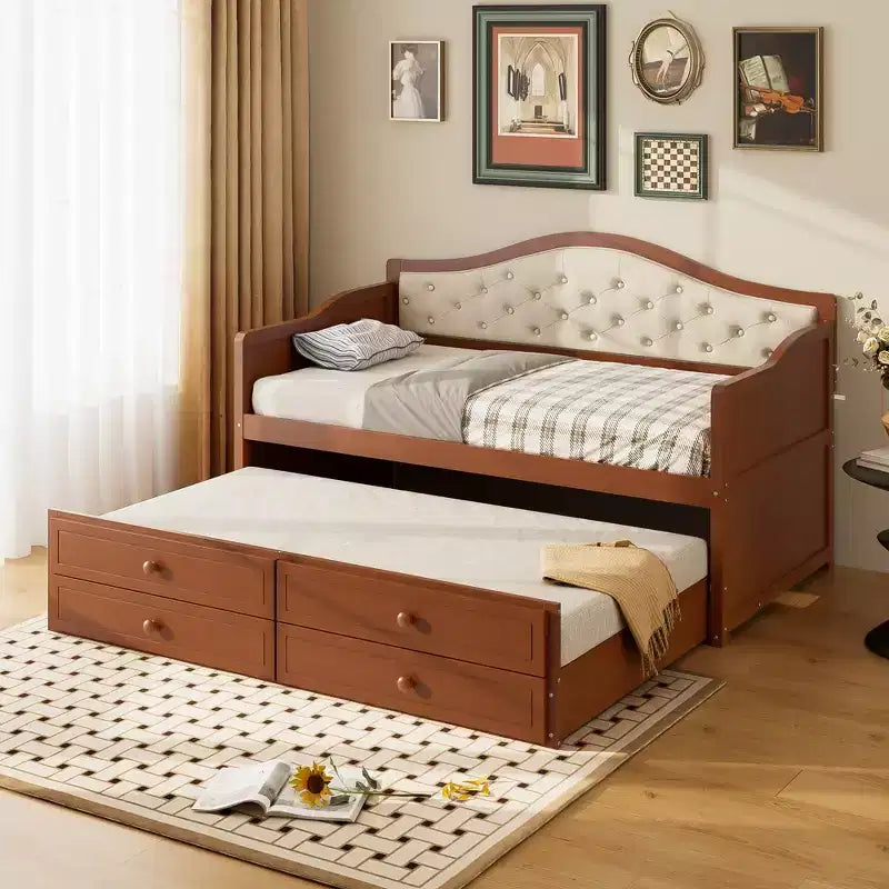 Einzel-Tagesbett mit Ausziehbett und 2 Schubladen, Schlafsofa aus Holz mit gepolsterter, gesteppter Rückenlehne, Walnuss