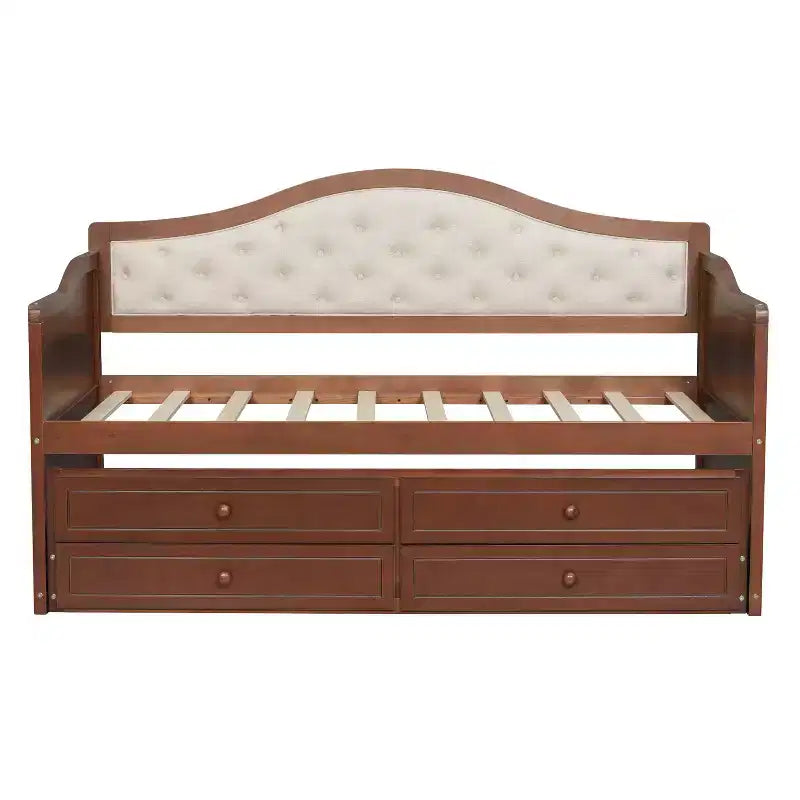 Einzel-Tagesbett mit Ausziehbett und 2 Schubladen, Schlafsofa aus Holz mit gepolsterter, gesteppter Rückenlehne, Walnuss