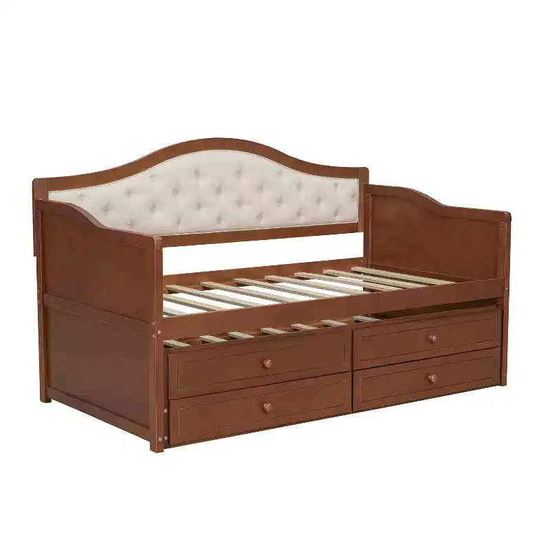 Einzel-Tagesbett mit Ausziehbett und 2 Schubladen, Schlafsofa aus Holz mit gepolsterter, gesteppter Rückenlehne, Walnuss