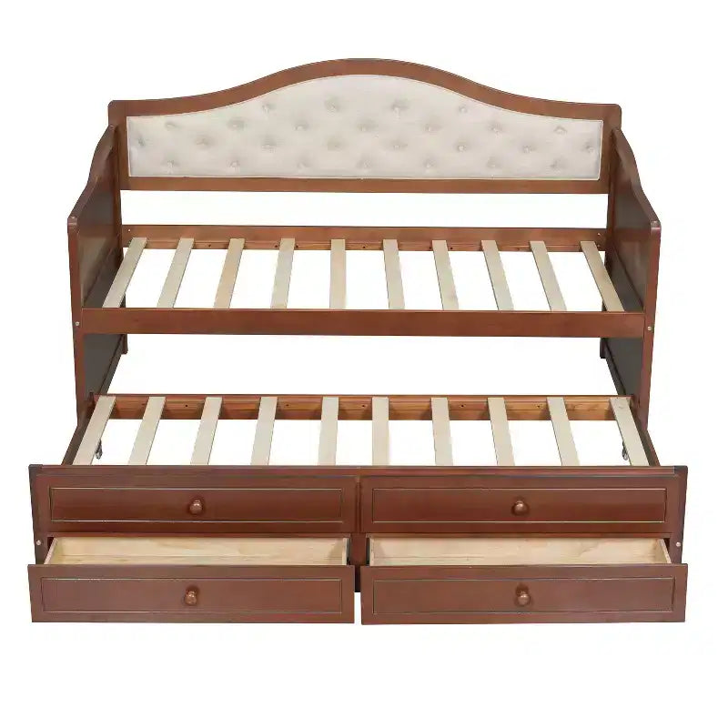 Einzel-Tagesbett mit Ausziehbett und 2 Schubladen, Schlafsofa aus Holz mit gepolsterter, gesteppter Rückenlehne, Walnuss