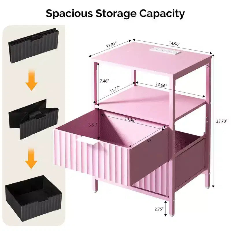 15 Inches Wide Nightstand - 2 Drawers, 1 Shelf, US Power Outlet