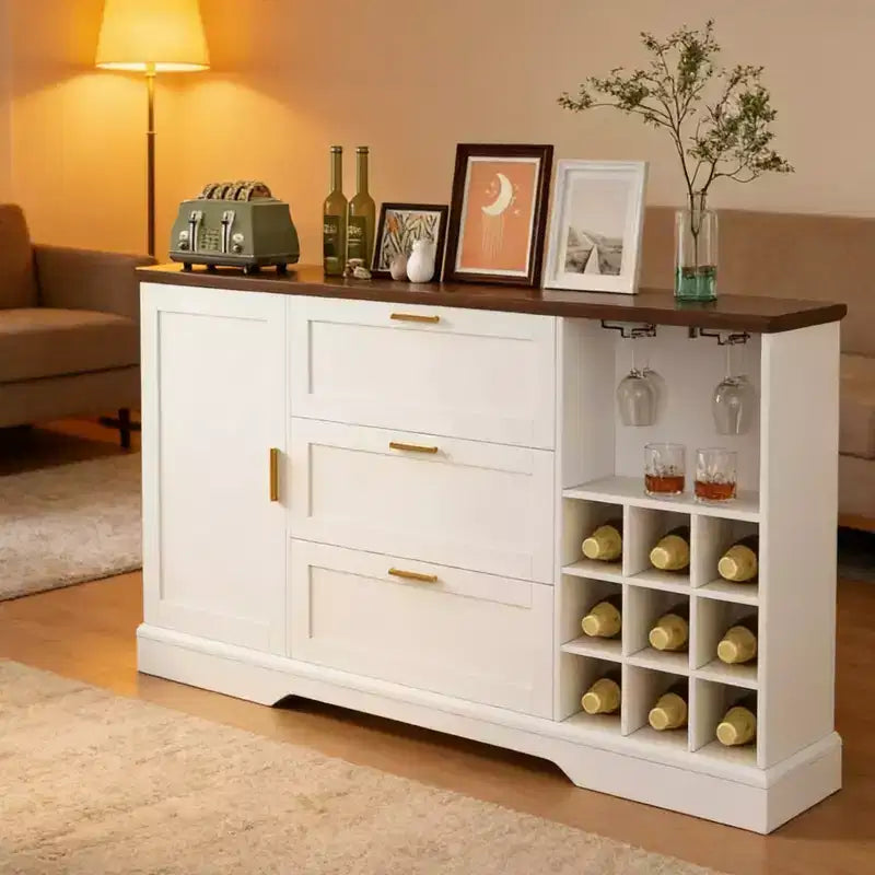 Aparador bufé estilo granja de 63, mueble para café con estantes ajustables y botelleros para cocina