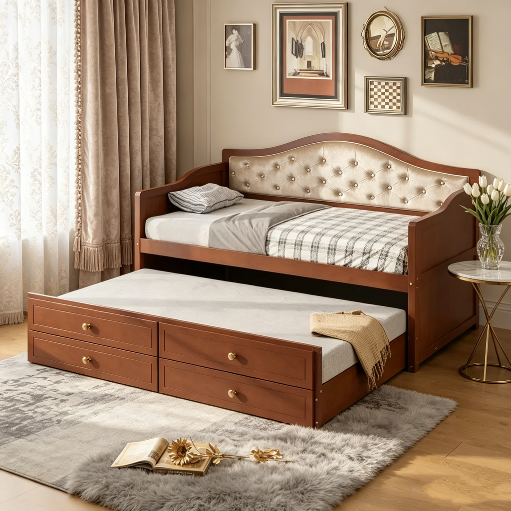 Einzel-Tagesbett mit Ausziehbett und 2 Schubladen, Schlafsofa aus Holz mit gepolsterter, gesteppter Rückenlehne, Walnuss