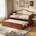 Einzel-Tagesbett mit Ausziehbett und 2 Schubladen, Schlafsofa aus Holz mit gepolsterter, gesteppter Rückenlehne, Walnuss