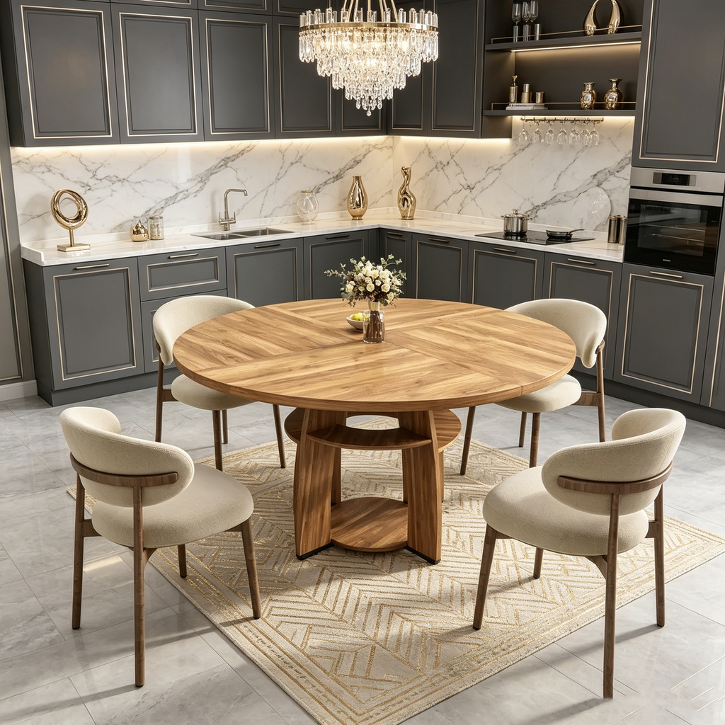 Table à manger ronde de 47 pour 4 à 6 personnes, table moderne en bois avec étagère de rangement et pieds réglables, pour salle à manger, salon, appartement