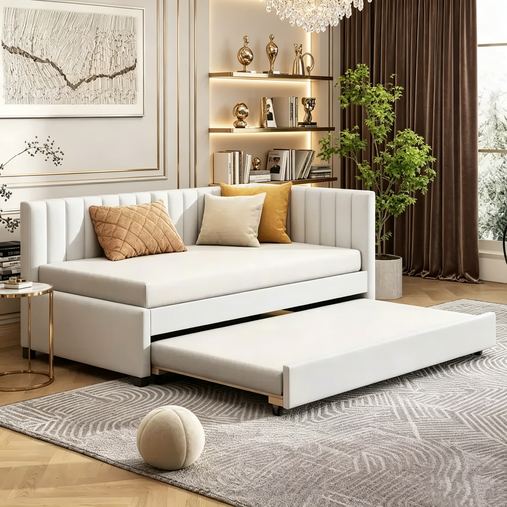 Gepolstertes Tagesbett in Einzelbettgröße mit Ausziehbett, Tagesbettgestell mit Armlehnen, Schlafsofa für Wohnzimmer und Schlafzimmer, Beige
