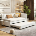 Gepolstertes Tagesbett in Einzelbettgröße mit Ausziehbett, Tagesbettgestell mit Armlehnen, Schlafsofa für Wohnzimmer und Schlafzimmer, Beige