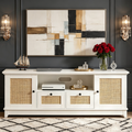 Mueble para TV, centro de entretenimiento - para televisores de más de 65 pulgadas, consola multimedia de ratán con almacenamiento y puertas de malla, mueble moderno blanco para TV en la sala de estar