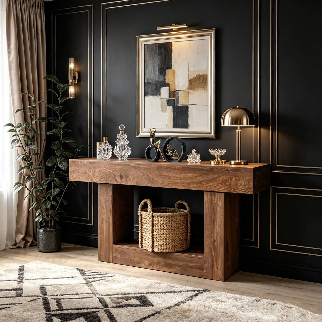 Rechteckiger Sofatisch aus Holz hinter dem Sofa, Konsolentisch für den Eingangsbereich im Landhausstil, rustikales Braun/2 Ebenen