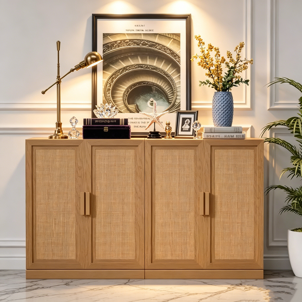 Modernes Sideboard mit 4 Türen, 62 W x 31 H, Rattangeflecht-Fronten, Anrichte und Akzent-Stauraumschrank für Flur, Eingangsbereich und Esszimmer, Natur
