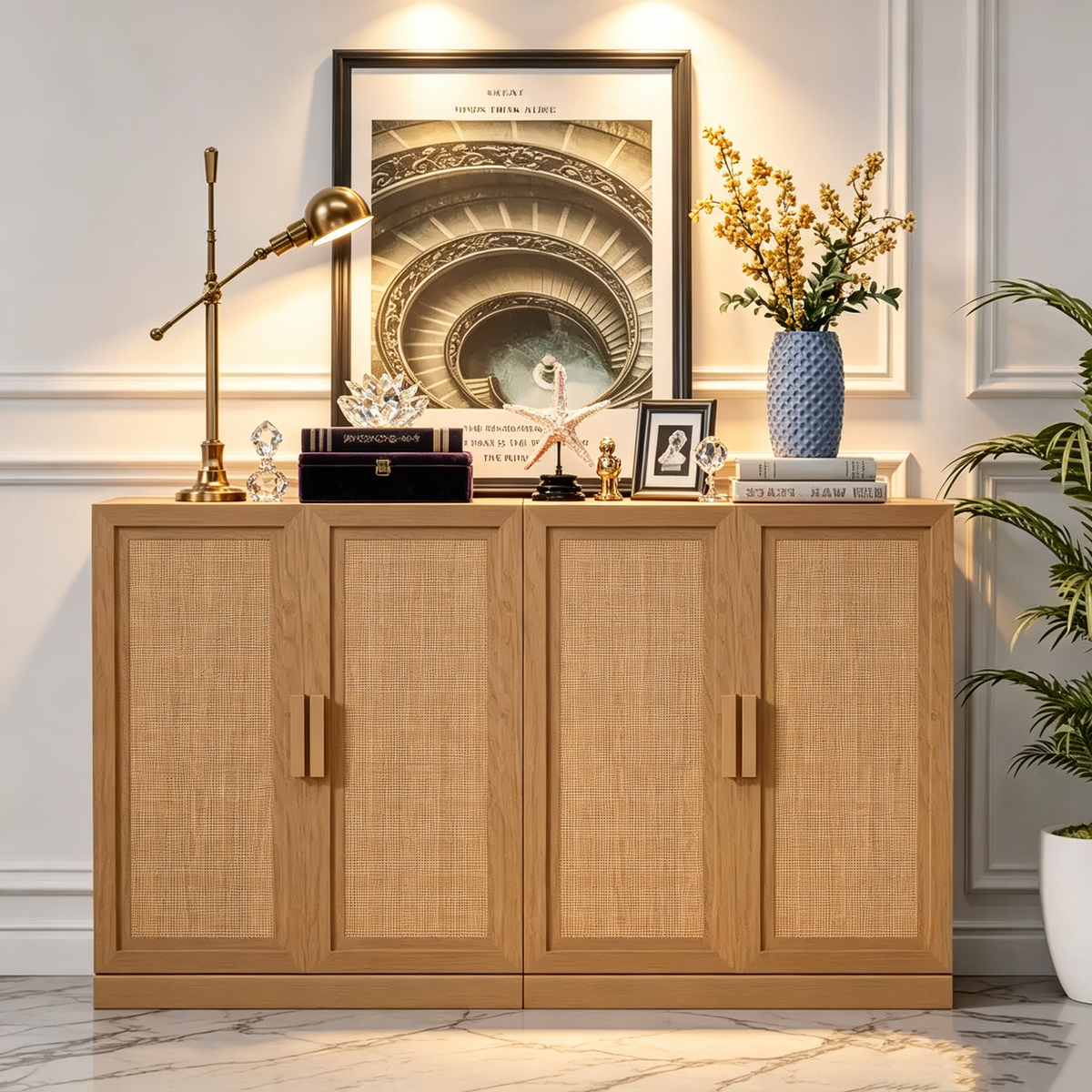 Modernes Sideboard mit 4 Türen, 62 W x 31 H, Rattangeflecht-Fronten, Anrichte und Akzent-Stauraumschrank für Flur, Eingangsbereich und Esszimmer, Natur