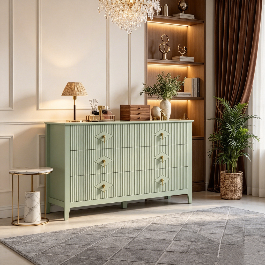 Commode extra large de 54 avec 6 tiroirs et panneaux cannelés, meuble moderne avec finition chêne pouvant servir de meuble TV, pour chambre, salon ou couloir